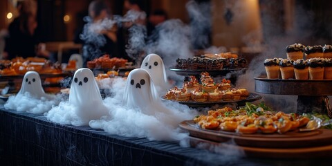 Spooky buffet table with black tablecloth, ghost-shaped treats, and eerie fog effects, surrounded by themed decorations