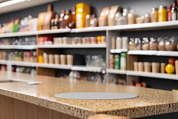 Obraz premium tabletop over shop with, bottles lined up on shelves