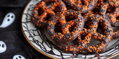 Spooky chocolate-covered pretzels with eerie orange and black sprinkles, arranged on a festive Halloween plate with ghostly designs