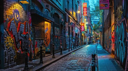 Fototapeta premium Narrow alleyway with colorful graffiti art.
