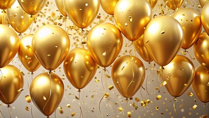 Golden confetti balloons floating at a festive celebration party