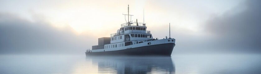 Fototapeta premium A large ship sails through a misty, serene sea.
