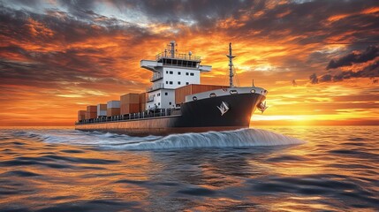 Fototapeta premium Cargo ship sailing on the ocean at sunset.