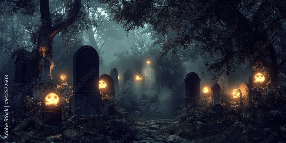 Wall mural haunted yard scene with glowing skull lights, detailed tombstones, and eerie fog, set in a dark outd