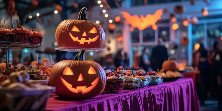 a Halloween charity event with a spooky-themed bake sale, pumpkin raffle, and eerie decorations, set in a festive hall