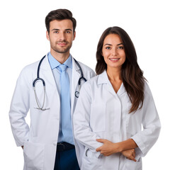 Fototapeta premium Portrait of a smiling doctor with a female nurse, isolated on transparent background