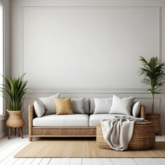 White Sofa with Wicker Accents in a Minimalist Living Room