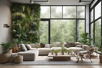 Modern living room with stylish furniture, including a sofa, table, and chairs, featuring contemporary design elements and a tropical plant