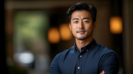 Fototapeta premium Portrait of a Confident Young Man in a Blue Shirt.