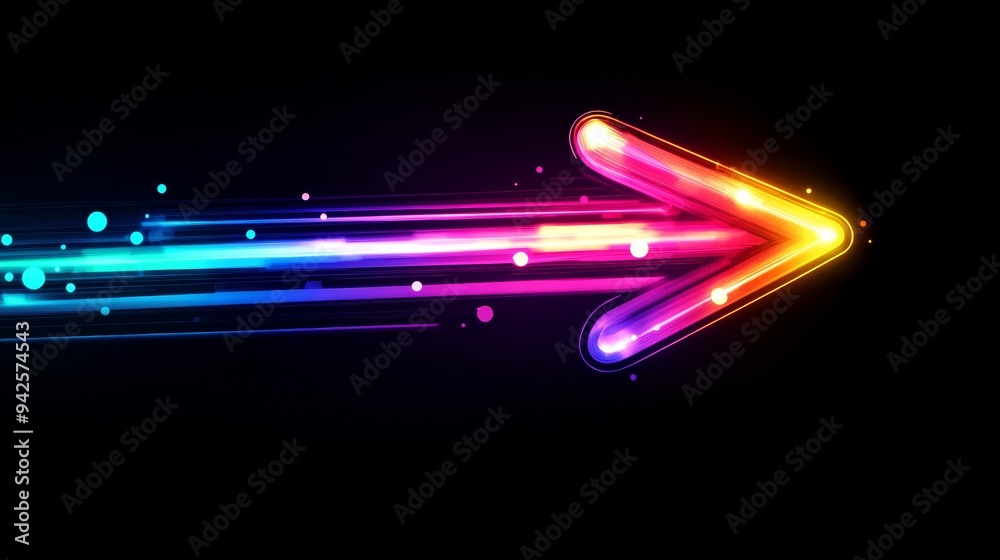 Aufkleber Glowing colorful arrow pointing right on a black background, creating a dynamic sense of motion