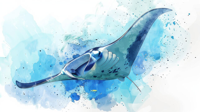 Beautiful watercolor illustration of a manta ray swimming gracefully in blue ocean waters, surrounded by abstract splashes.