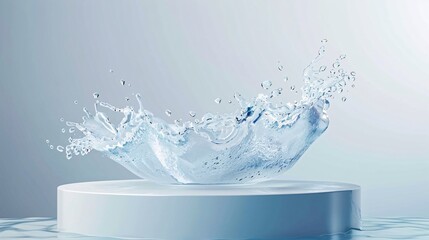 33. White cylindrical podium with transparent water splash, dynamic liquid wave, glass-like texture, light blue background, minimalist design for product display, high-speed photography capturing