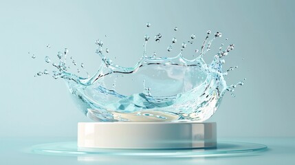 33. White cylindrical podium with transparent water splash, dynamic liquid wave, glass-like texture, light blue background, minimalist design for product display, high-speed photography capturing