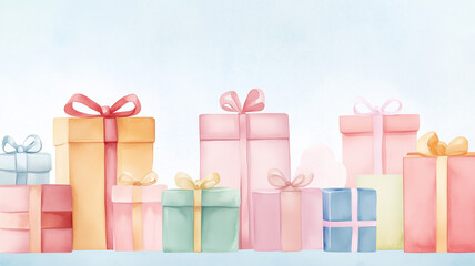 Obraz premium Colorful gift boxes stacked together create cheerful and festive atmosphere. soft pastel colors and delicate bows evoke feelings of joy and celebration.