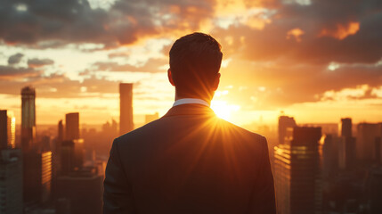 Fototapeta premium Back view of an executive man wearing a suit looking at the city skyline with skyscrapers during sunset with a dramatic sky, successful businessman concept background