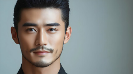 Fototapeta premium Portrait of a young man with a goatee and dark hair, looking directly at the camera.