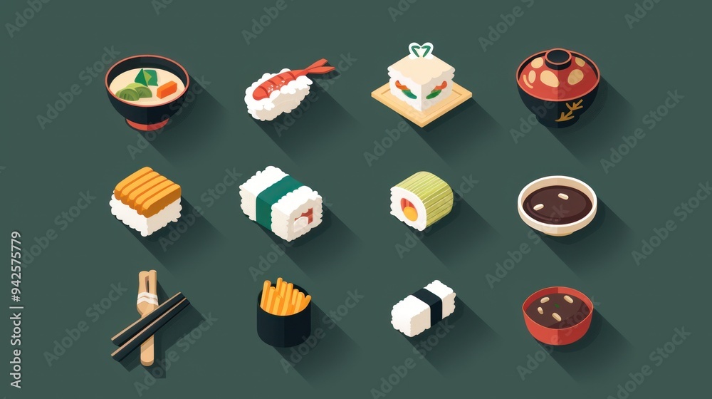 Wall mural japanese sushi set icon illustration.