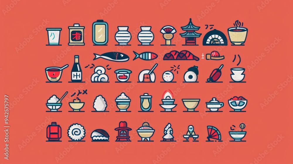 Poster Japanese Food and Culture Icon Set.