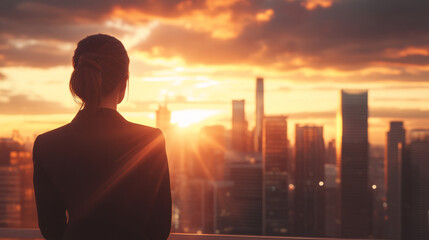 Fototapeta premium Back view of an executive woman in formal clothing looking at the city skyline with skyscrapers during sunset with a dramatic sky, successful businesswoman concept background