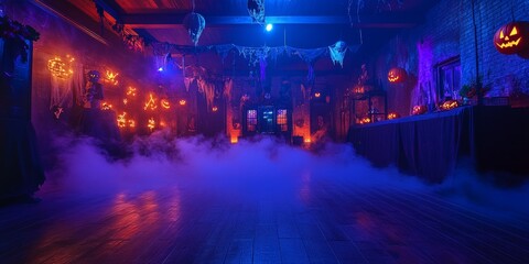 Darkly lit Halloween dance floor with eerie lighting, fog machines, and ghostly decorations, set in a haunted-themed room