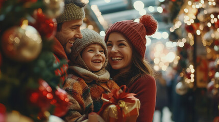 Happy family shopping for Christmas decorations , they are looking at xmas decorations to put on their Christmas tree and give their home a festive mood
