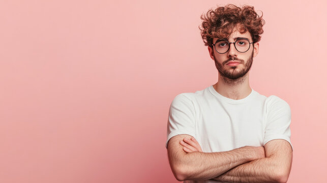 Portrait of a jaded young caucasian man isolated on pink background with copy space