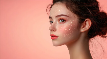 Fototapeta premium Portrait of a young woman with a pink background and white dots on her face.