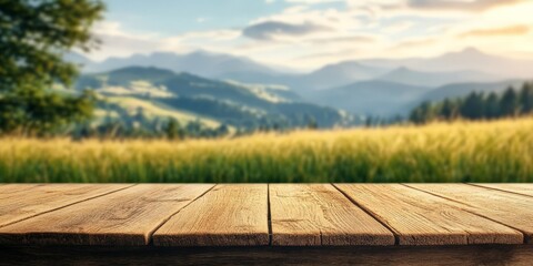 wooden table top blur mountain grass