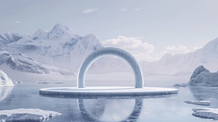 52. Frozen landscape, large arch over circular ice podium, snowy mountains in the background, pale sky creating a serene winter scene, 3D rendering, photorealistic textures, minimalist design, cold