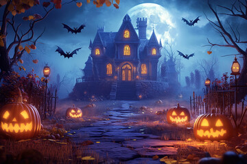 Halloween night background with a haunted house, pumpkins, and full moon