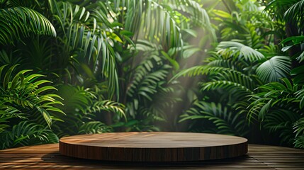 56. Lush tropical jungle, dense green foliage, circular wooden podium, sunlight filtering through leaves, serene forest atmosphere, photorealistic details, intricate textures, high resolution, high