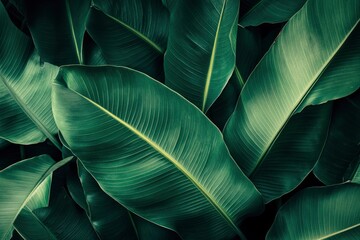 Obraz premium Abstract bold green leaves texture background, elegant tropical banana leaf details, nature wallpaper, vintage tone, deep shading, foliage, ecology concept, dark moody feel. refined, elegance. , ai