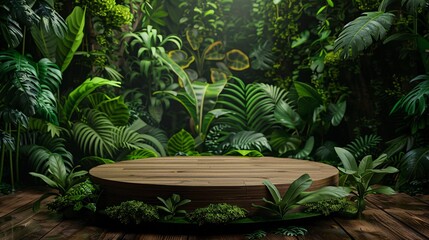 66.Lush green jungle, circular wooden podium, dense foliage background, natural forest scene, intricate details, high resolution, high definition, realistic textures, tropical environment, tranquil