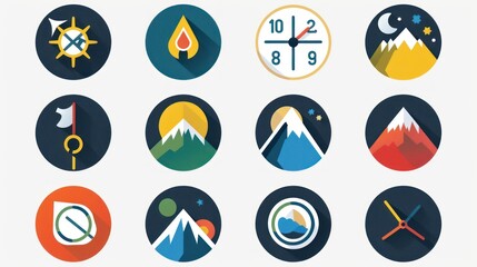 Fototapeta premium Colorful Mountain Icons with Flat Design Style.