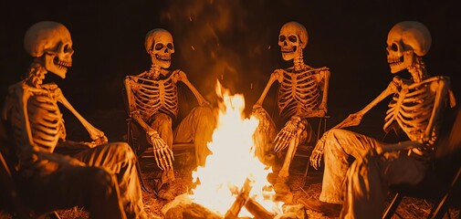 A group of zombies sitting around a campfire, telling scary stories at a Halloween party zombie halloween party concept.