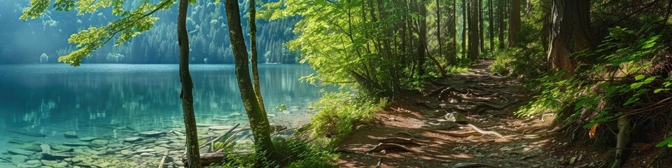 Peaceful forest path meanders alongside a clear mountain lake, offering calmness and natural beauty.