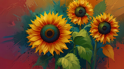 Obraz premium abstract illustration background featuring vibrant sunflowers in a swirling, impressionistic style