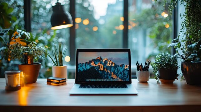 A tranquil office room with a clean desk, a laptop, and a video call in progress, highlighting a calm and organized work environment