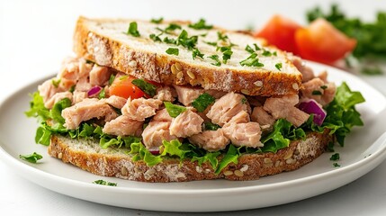 Fresh Tuna Sandwich on White Plate Isolated Against White Background Showcasing a Healthy Meal, Gourmet Snack, and Simple Culinary Delight for Quick and Nutritious Eating