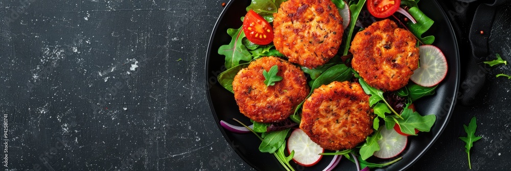 Poster Fried turkey cutlets served with a vegetable salad, viewed from above, without any people present.