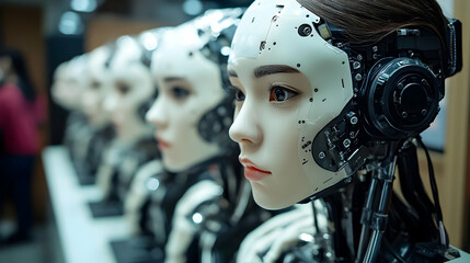 Row of robotic heads with intricate mechanical details, futuristic and slightly unsettling.