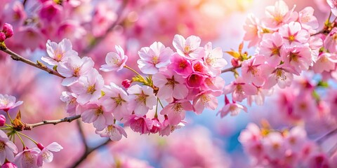 Beautiful scene of cherry blossoms in full bloom with pink petals in spring