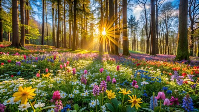 Sunlit forest filled with colorful spring flowers and wildflowers, captured in beautiful nature photography