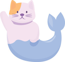 Cartoon cat mermaid waving, perfect for fantasy, children's books, and magical projects