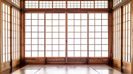 Traditional Japanese door. room divider or window or consisting isolated on white background,ai generative