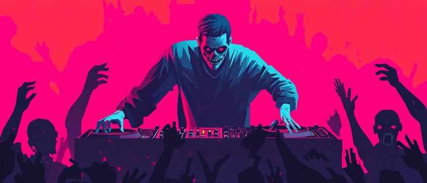 A zombie DJ spinning records at a Halloween party, with undead guests dancing wildly in front of the stage zombie halloween party concept.
