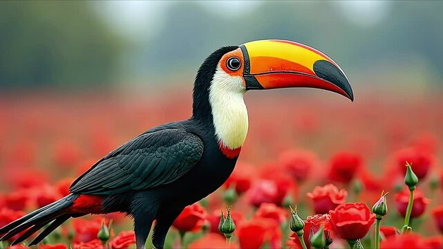A toucan with a large, colorful beak stands in a field of red roses.