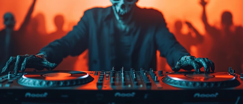 A zombie DJ spinning records at a Halloween party, with undead guests dancing wildly in front of the stage zombie halloween party concept.