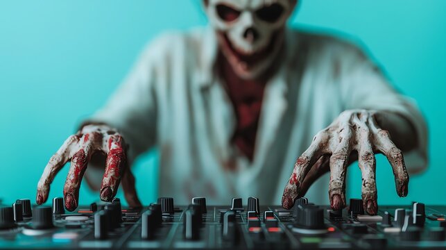 A zombie DJ with decayed fingers, playing spooky tunes while the undead dance around zombie halloween party concept.