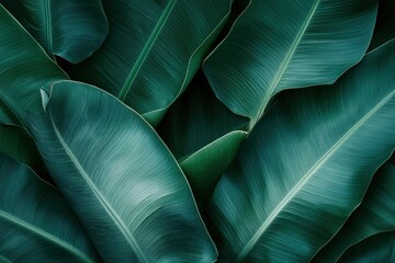 Obraz premium Abstract bold green leaves texture background, elegant tropical banana leaf details, nature wallpaper, vintage tone, deep shading, foliage, ecology concept, dark moody feel. refined,elegance. leaf, ai